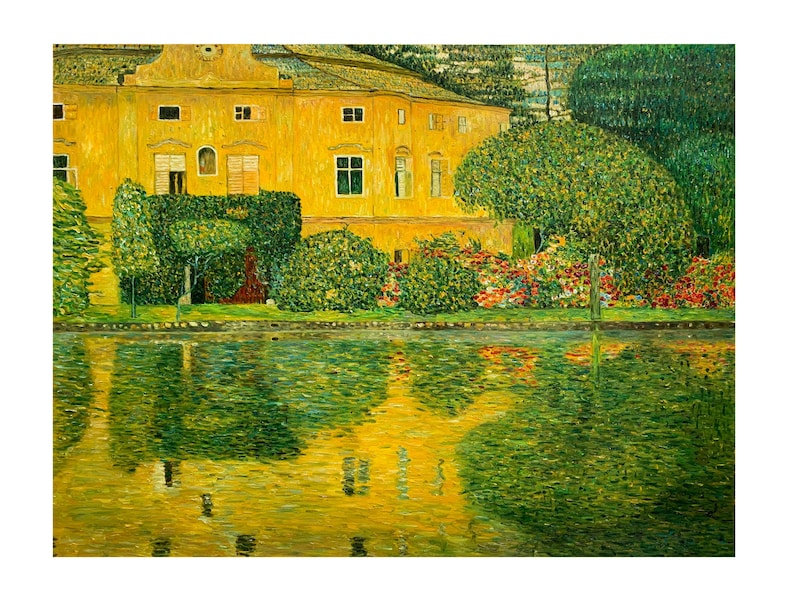 May include: A painting of a yellow building with a reflection in a pond. The building has a green roof and is surrounded by trees and flowers. The pond is a bright green and yellow color.