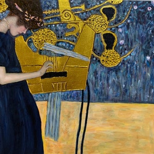 Gustav Klimt&#39;s &#39;Music I&#39; Reproduction - Hand-Painted Oil on Canvas with Gold Leaf, In Stock & Ready for Immediate Shipping!