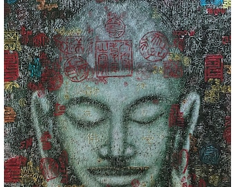 Silver-Gold Green Buddha, Oil painting on canvas, 40x40"