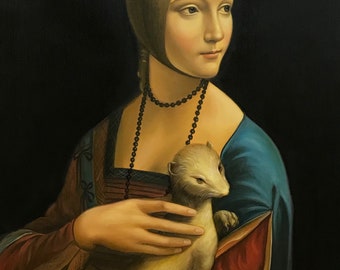 Leonardo da Vinci&#39;s Lady with an Ermine Reproduction, Hand-Painted Oil on Canvas, 20x24&#39;&#39; | In-Stock, Ready to Ship