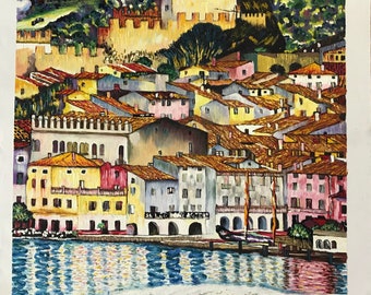 Schilderij van een dorp aan het Gardameer, Gustav Klimt Malcesine, olieverf reproductie