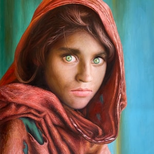 National Geographic's green-eyed 'Afghan Girl'  Steve McCurry, Oil painting on canvas, 100% Hand painted  24x32", In Stock & Ready to Ship!
