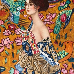 Gustav Klimt&#39;s &#39;Lady with Fan&#39; Reproduction - Hand-Painted Oil Painting on Canvas, Elegant Home Decor!  In Stock & Ready to Ship!