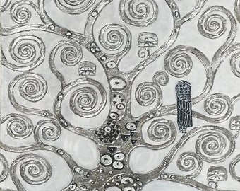 Gustav Klimt der Baum des Lebens Stoclet Frieze Repro, Silber Blatt Ölgemälde auf Leinwand, schwarz & weiß 24 x 36"