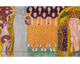 Pintura de friso de Beethoven de Gustav Klimt, óleo sobre lienzo con pan de oro, arte mural Art Nouveau, obra de arte pintada a mano, decoración de pared de gran tamaño