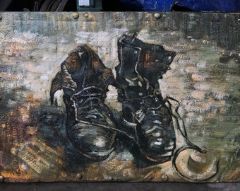 Oil on old iron sheets fixed on wood board 24X36'', Vincent Van Gogh Still Life of Shoes Repro