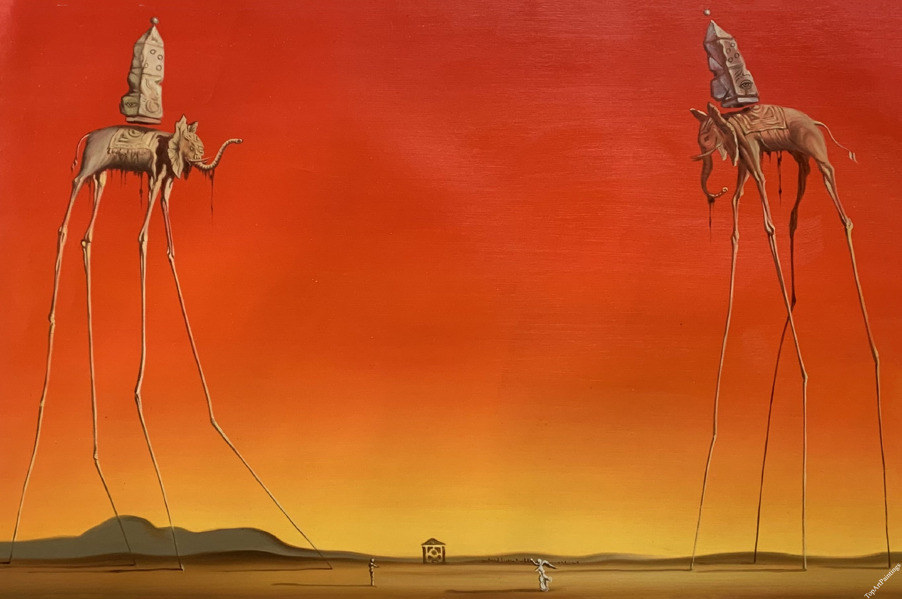 Salvador Dalí's 'The Elephants' Reproduction, 100% Hand-Painted Oil Painting on Canvas, 24x36 inches, In Stock & Ready to Ship!