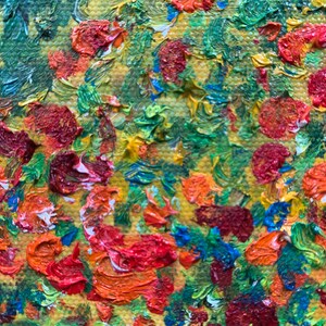 May include: Abstract painting with a textured surface. The painting features a variety of colors, including red, orange, yellow, green, blue, and purple. The colors are applied in a thick, impasto style, creating a three-dimensional effect.