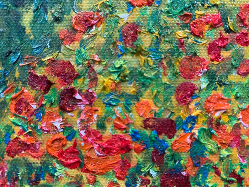 May include: Abstract painting with a textured surface. The painting features a variety of colors, including red, orange, yellow, green, blue, and purple. The colors are applied in a thick, impasto style, creating a three-dimensional effect.