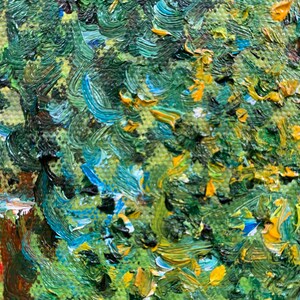 May include: Abstract painting with thick brushstrokes in shades of green, blue, and yellow. The paint is applied in a swirling, textured pattern, creating a sense of movement and depth.