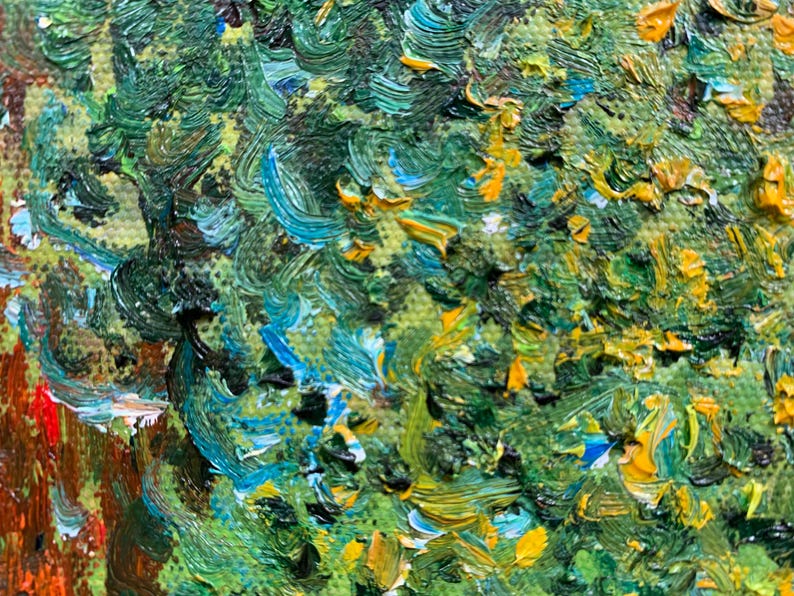 May include: Abstract painting with thick brushstrokes in shades of green, blue, and yellow. The paint is applied in a swirling, textured pattern, creating a sense of movement and depth.
