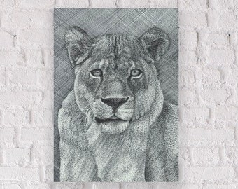 10"x14" PRINT of "Lioness" Original Ink Pointillism Drawing by Hailey Donahue, art prints, nature, animal, lion, zoo, stippling, art