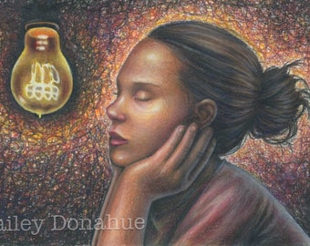 Girl With Light - Original Colored Pencil Drawing by Hailey Donahue, Unique Art, Light Bulb, Beautiful, Realistic, Portraits, Artwork