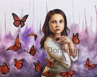 7.5”x10” PRINT of “Girl With Butterflies” Mixed Media Painting by Hailey Donahue, Unique Paintings and Drawings, Art Prints, Realistic Art