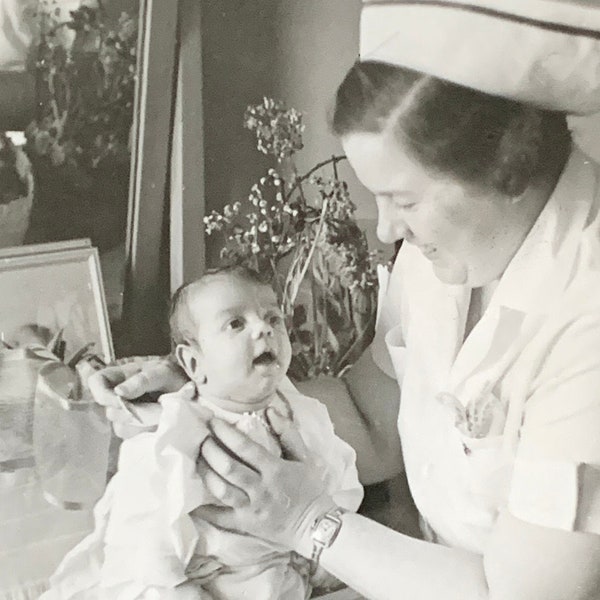 Vintage Black & White Photograph 1939; Rochester General Hospital Nurse Holding Baby