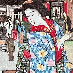 Postal, Artista Yōshū Chikanobu (Toyohara Chikanobu, séc. XIX). Arte Japonesa, Postal, Templo do Deus Marishiten Tokudai-ji, Ueno