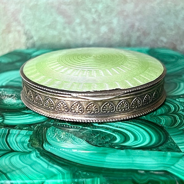 Antique Austrian Sterling Silver Enamel Guilloche Green Mini Compact