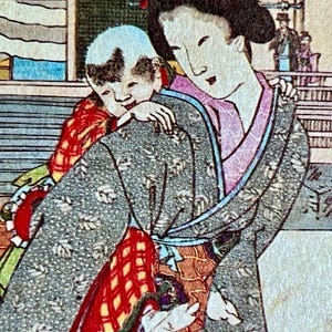 Cartão-postal, Artista Yōshū Chikanobu (Toyohara Chikanobu, século XIX). Arte Japonesa, Cartão-postal, Santuário Inari-Yashiro, Ohi