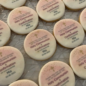 Handmade personalised royal icing cookies.  6.5cm circle