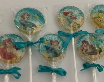 Box of 10 Little Mermaid Design made Lollipops for Birthdays, Christenings and all other occasions.  Size 5.3cm