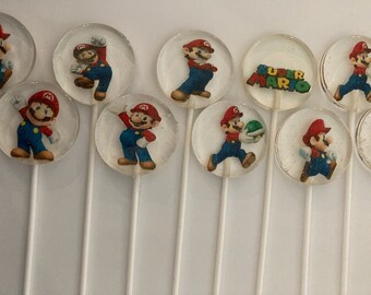 Box of 10 Super Mario Bros Design made Lollipops for Birthdays, Christenings and all other occasions.  Size 5.3cm