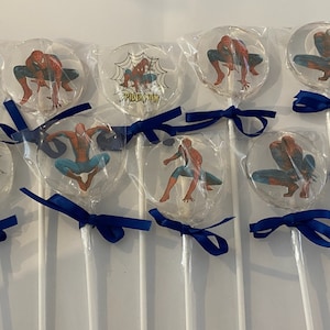 Box of 10 Spiderman Design made Lollipops for Birthdays, Christenings and all other occasions. Size 5.3cm image 1