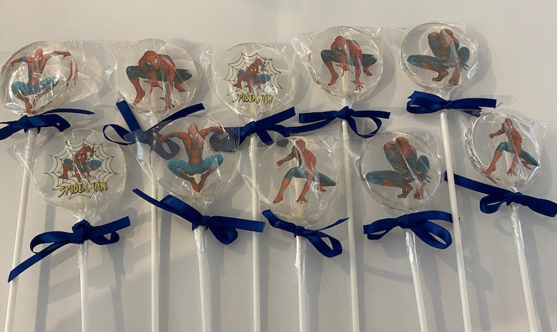 Box of 10 Spiderman Design made Lollipops for Birthdays, Christenings and all other occasions. Size 5.3cm image 1
