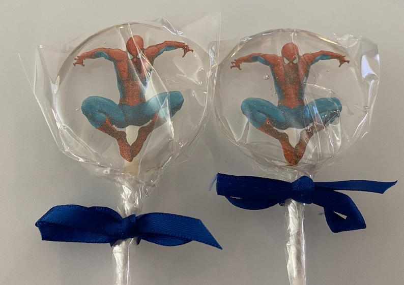 Box of 10 Spiderman Design made Lollipops for Birthdays, Christenings and all other occasions. Size 5.3cm image 2