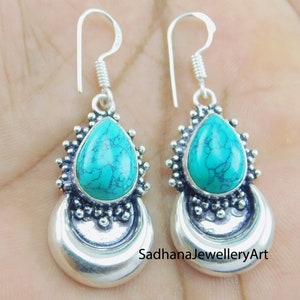 Turquoise Gemstone Earrings, 925 Sterling Silver, handmade Earring, Dangle Drop Earring, Gift Jewelry, Birthstone, Length 1.90 inch