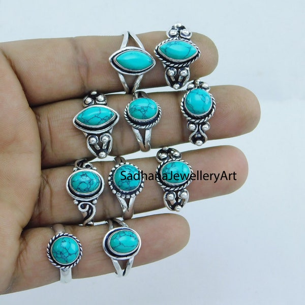 Wholesale 10, 25 pcs Ring lot Turquoise Gemstone 925 sterling silver Rings, handmade Jewelry Rings US Size  6,7,8,9,10