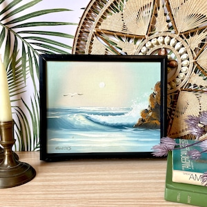Vintage Sea Scape Oil Painting Signed Collins - Mini Original Ocean Art Piece - Boho Beach Wall Decor