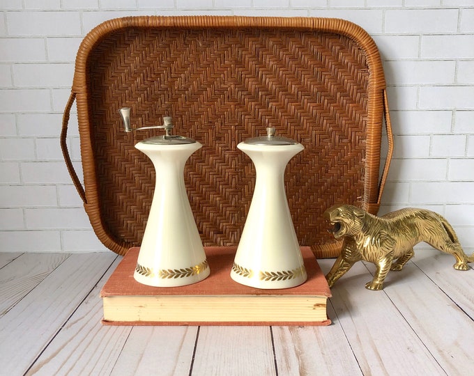 Vintage Lenox Salt Shaker & Pepper Mill Mid Century Imperial Ivory Gold