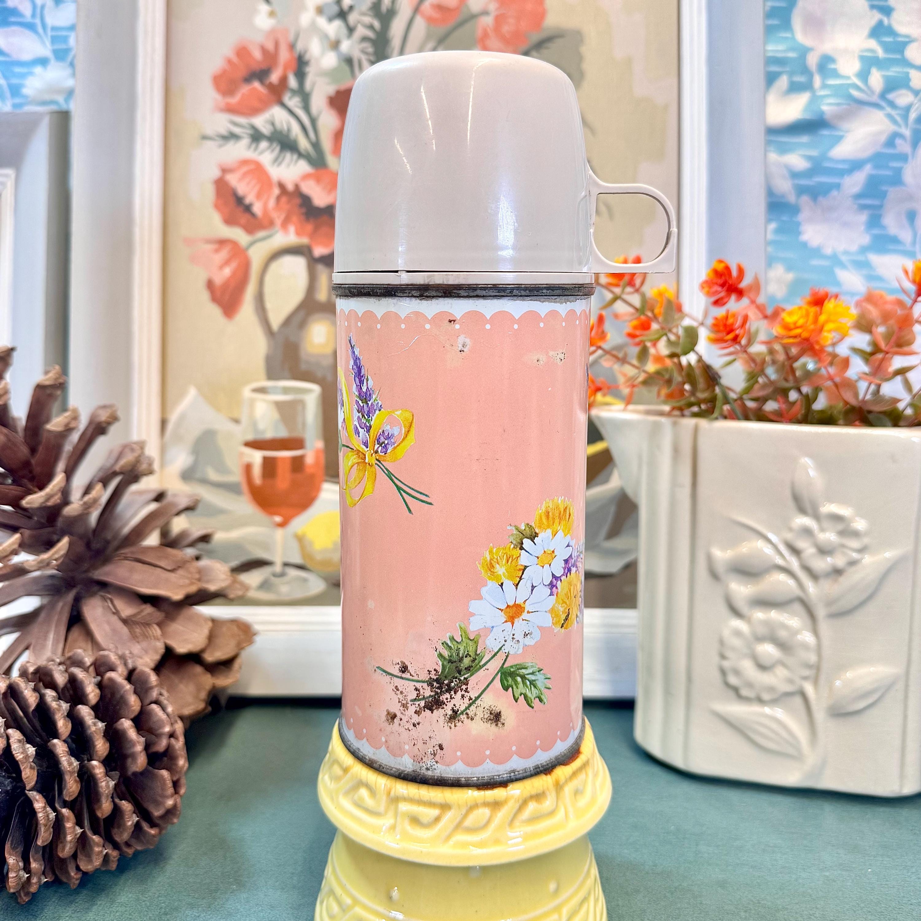 Vintage 1960s Holtemp Thermos: Pink Floral Metal Canteen