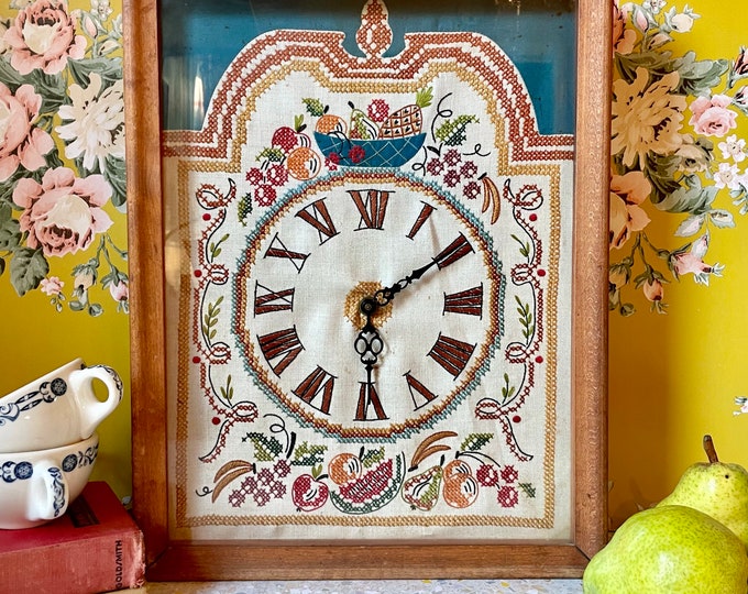 Vintage Needlepoint Clock Mid Century Cross Stitch Mantle Clock Harvest