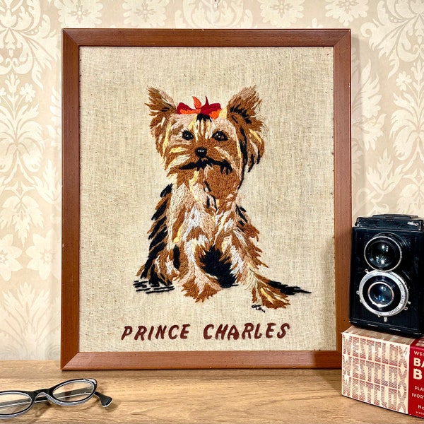 Vintage Yorkie Dog Crewel Titled “Prince Charles” Yorkshire Terrier Needlework Wall Hanging Art