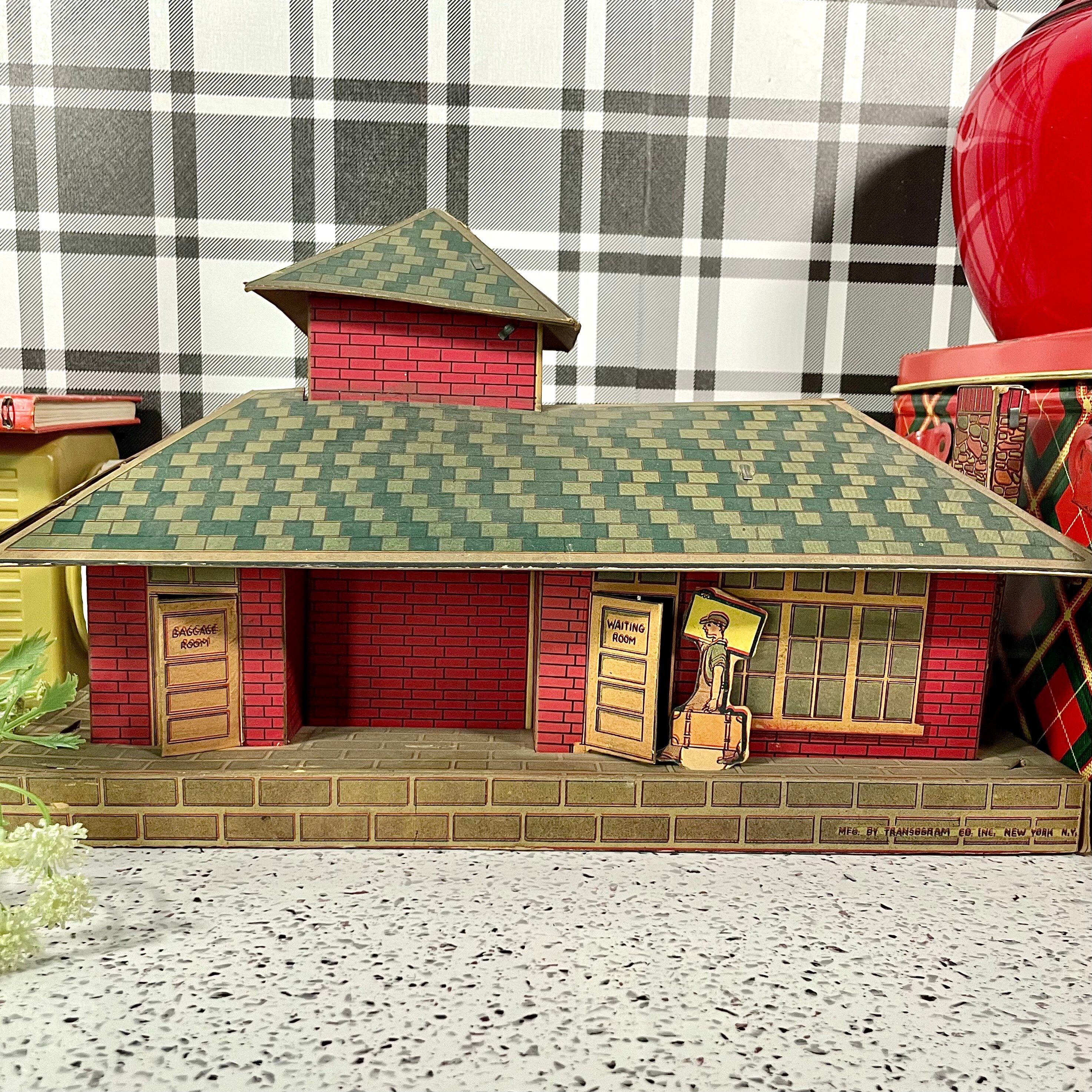 Vintage 1930s Transogram Paper Train Station Toy: Lithograph Cardboard ...