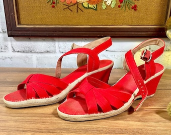 Vintage 1970s Red Canvas Wedge Sandals Size 6.5 Women’s