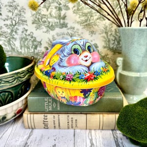 Vintage 1970s Kitsch Easter Bunny Plastic Candy Egg Container Colorful Springtime Decor Tin
