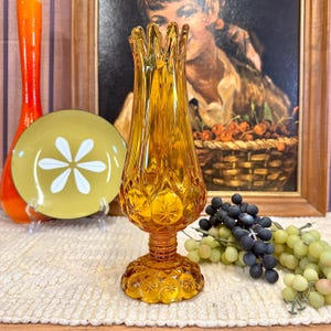 Vintage MCM Amber Footed Swung Vase Moon And Stars Kanawha Glass Mod Shelf Decor