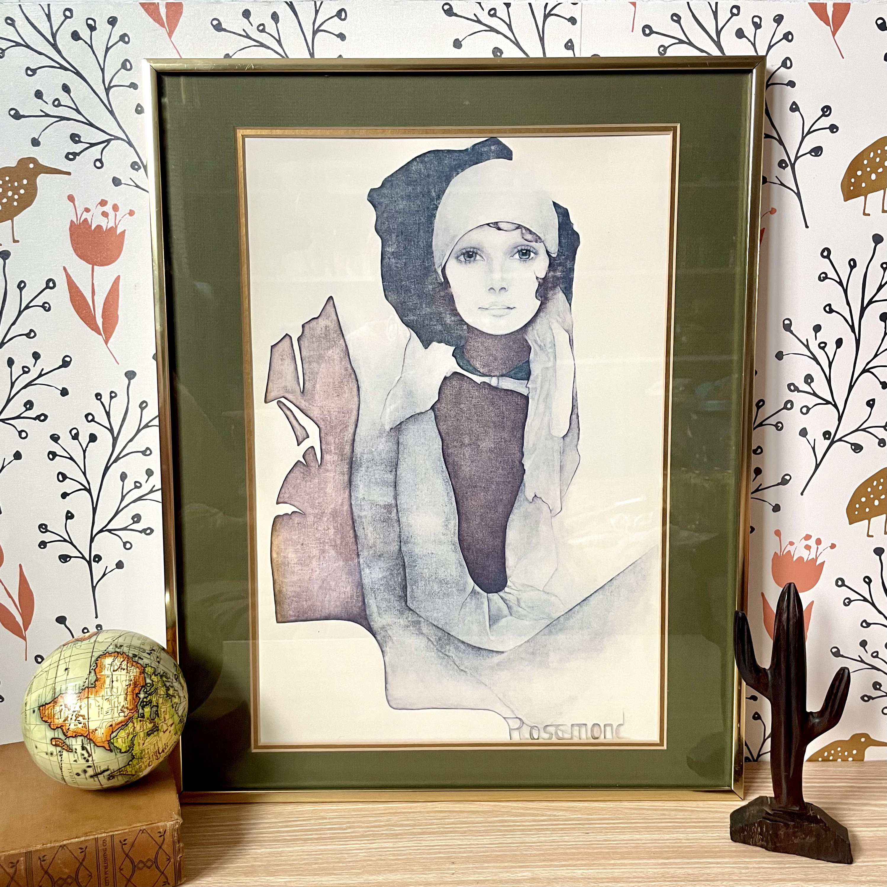 Christine Rosamondの額入りプリント ガラスウォールデコ Vintage Christine Rosamond Art Print Simone - 1970s Woman Portrait