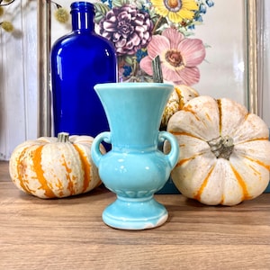 Vintage Shawnee Pottery Miniature Trophy Vase MCM Sky Blue Handled Bud Vase