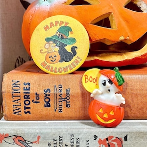Vintage jaren 1970 paar hallmark halloween fashion pins retro zwarte kat muis met jackolantern button pin & ghost pompoen broche