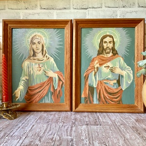 Pintura vintage dos anos 1950 por número par Jesus e Maria meados do século PBN Cristo e Lady Madonna