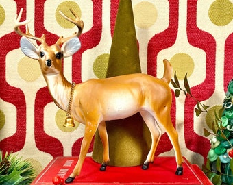 Vintage 1960s Christmas Reindeer MCM Plastic Deer With Bell Hong Kong Buck Figurine Toy