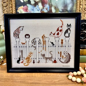 Vintage Cat Needlepoint Embroidery 1990s Kitty Cross Stitch Titled Recess Cats Wall Art
