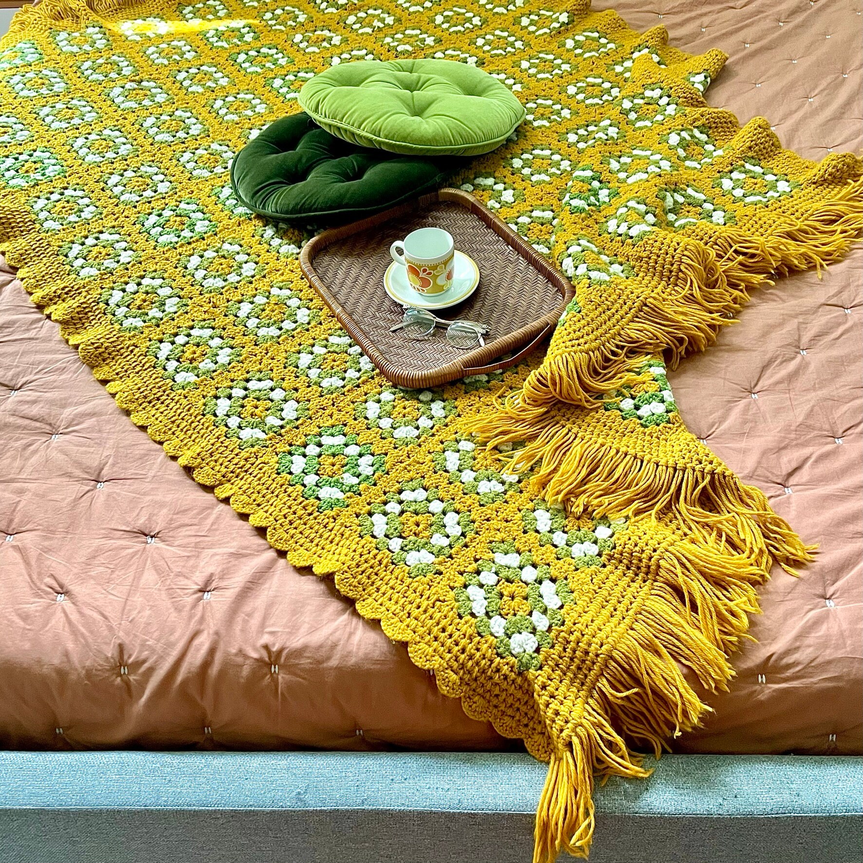 Vintage 1970s Mustard Yellow & Olive Fringed Granny Square Afghan 