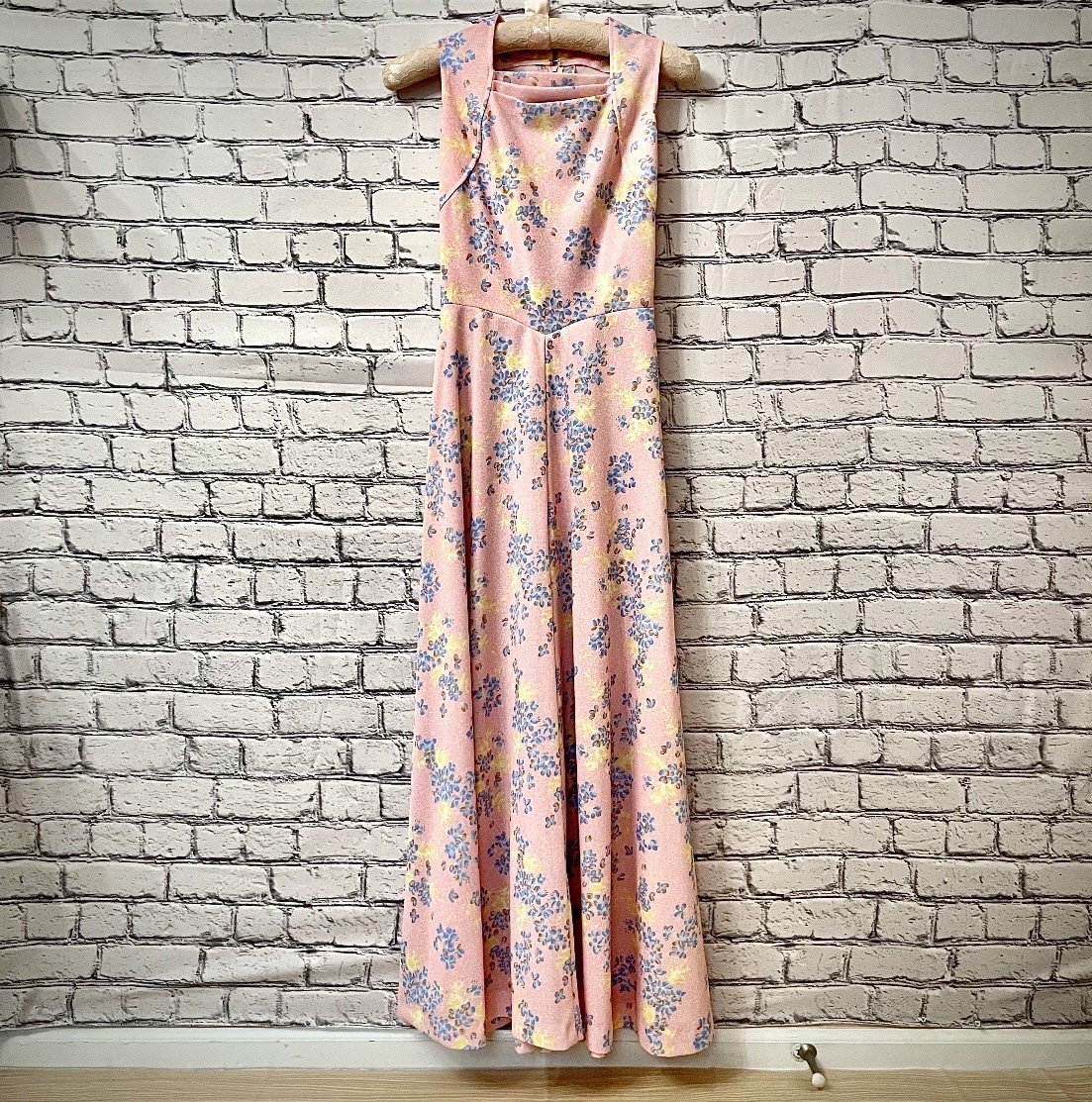 Vintage 70s Floral Maxi Dress: Handmade Pink Cowl Neck Gown, Size Small