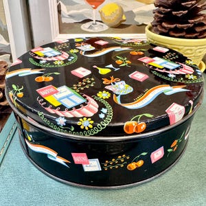 Vintage Barton&#39;s snoepblik uit de jaren 50: MCM Kitsch Food-illustraties