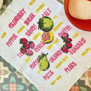 Vintage 1960s Groovy Pink & Yellow Kitschy Food Kitchen Dish Towel Colorful MCM Tea Towel