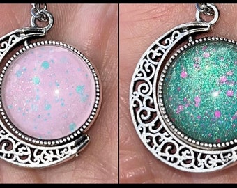 323 ~ Nail Polish Jewelry, Round, Spinning, Reversible, Silver, Pendant, Necklace, Aqua, Pink, Gift, Jewelry, Hand painted, One of a kind